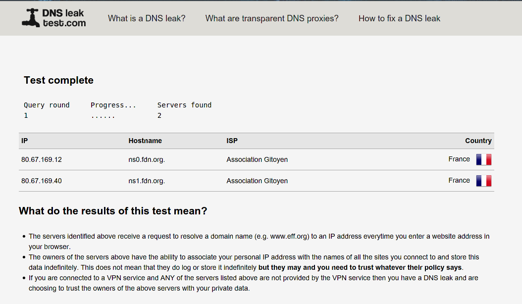 DNS leak test results with www.fdn.fr DNS